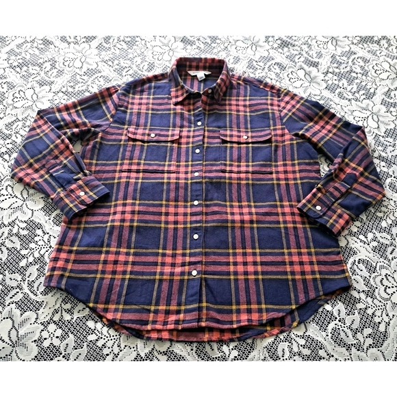 Old Navy The Boyfriend Shirt M Dark Pink Blue Plaid Pocket Long Sleeve Button Up - Picture 5 of 9